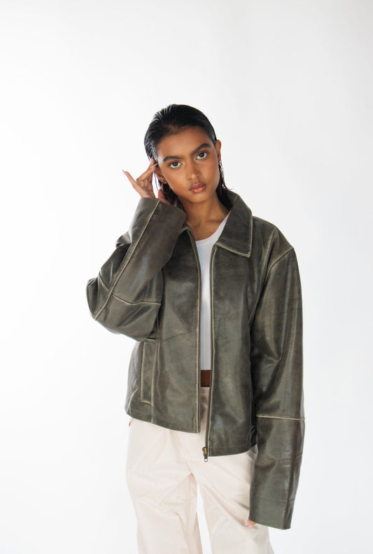 Mabel Distressed Boxy Leather Jacket